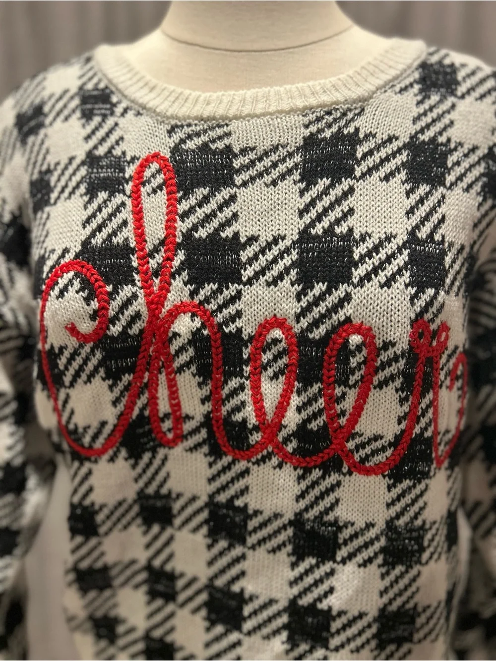 Black & Ivory Houndstooth Crewneck Sweater with Red Script